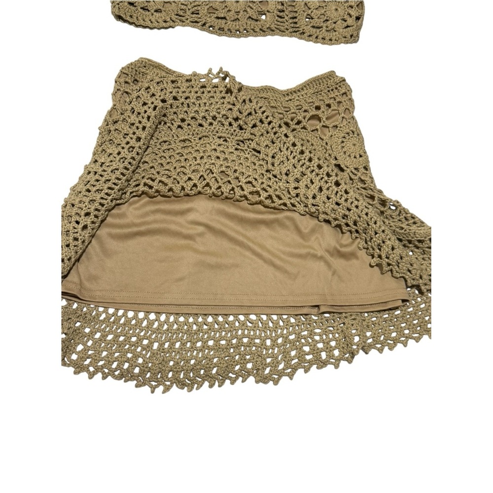 Lnable by Mable Tan Crochet Matching Set Crop Top Mini Skirt Boho Festival M - Picture 10 of 13